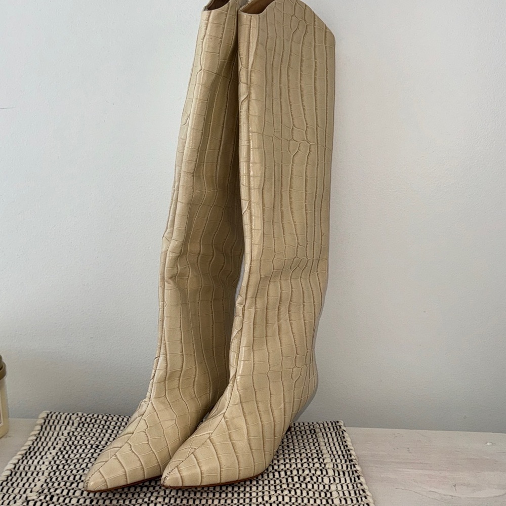SCHUTZ Croc-Embossed Cream Over the Knee Boots